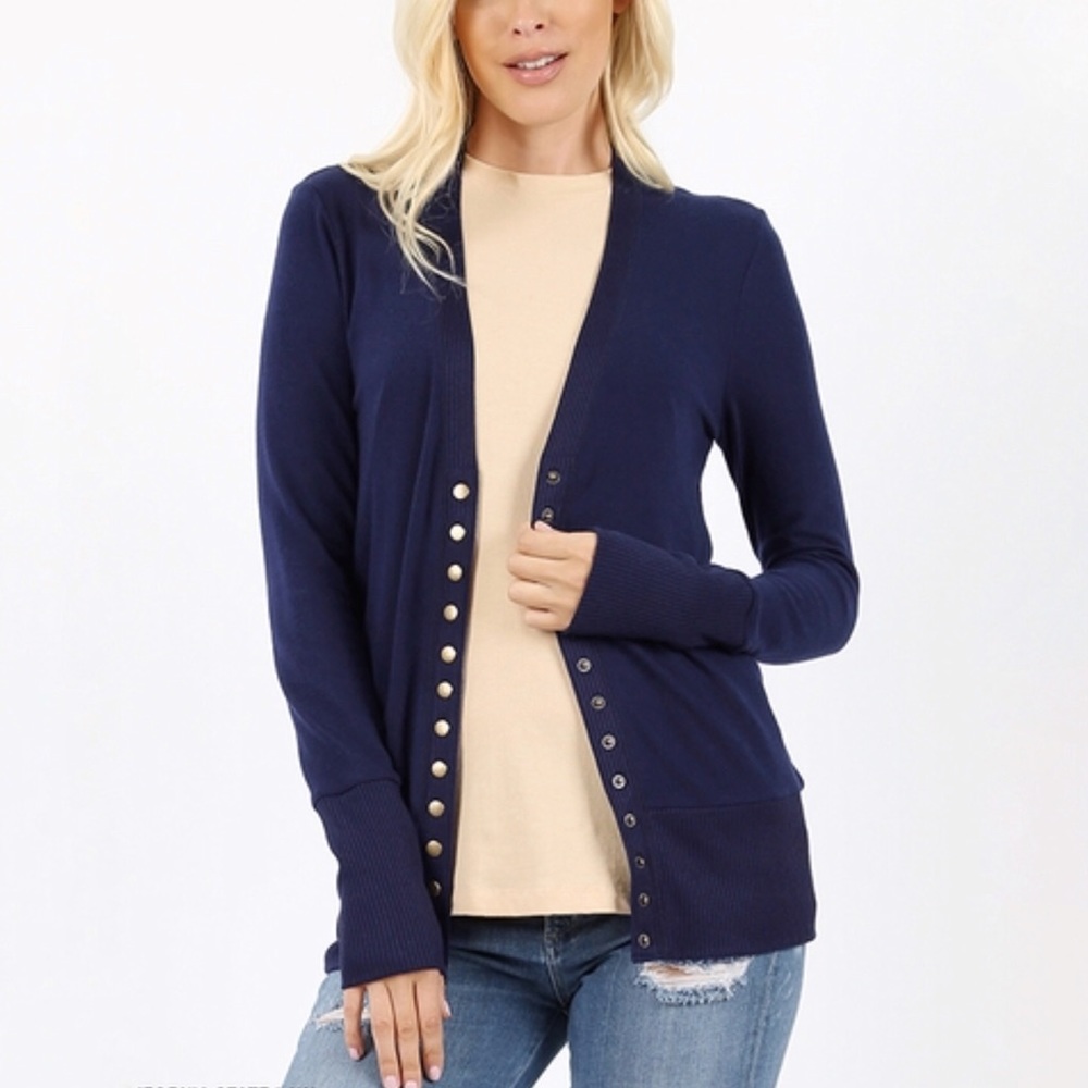 Olive Snap Button Long Sleeve Cardigan - Picture 2 of 8